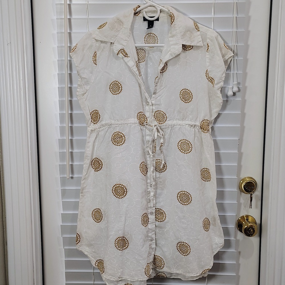 White Mini Dress CoverUp Womens Medium 100% Cotton Drawstring Lightweight Beachy
